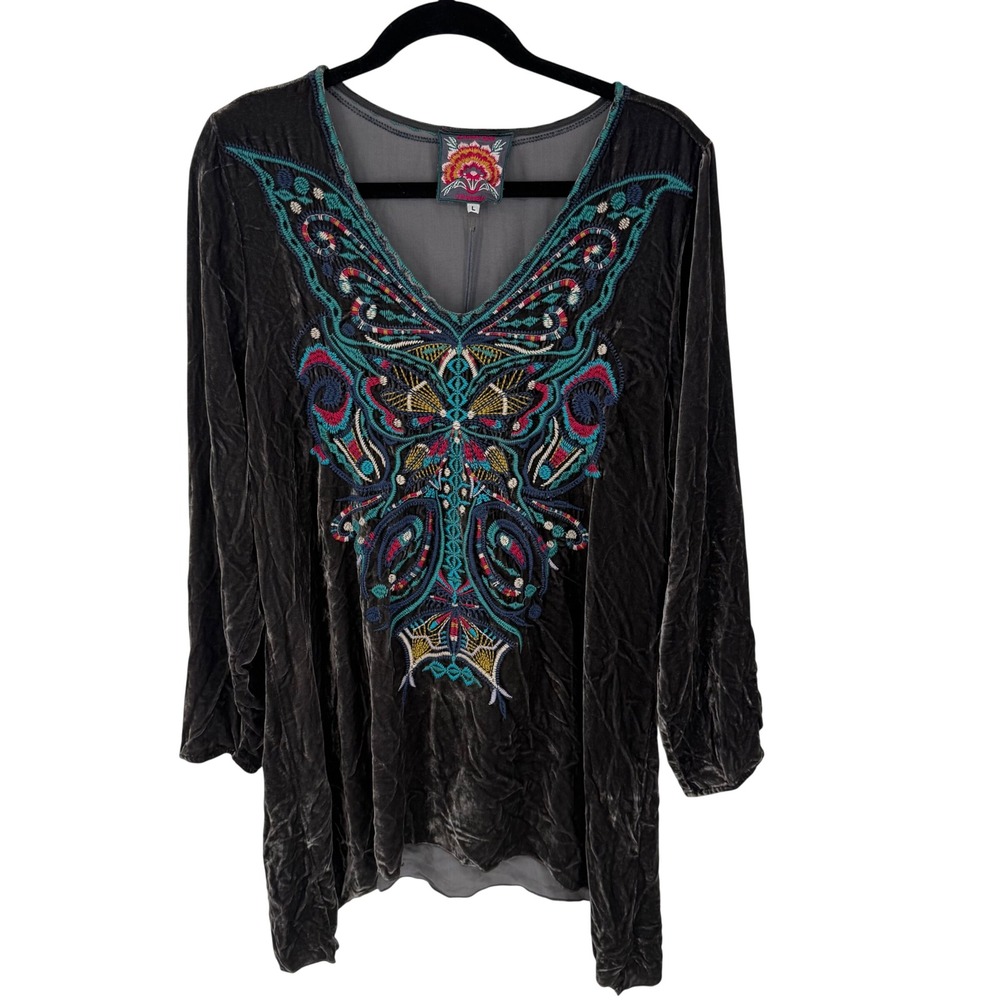 Johnny Was Aurelia Velvet Tunic Womens L Steel Grey NEW Embroidered Silk